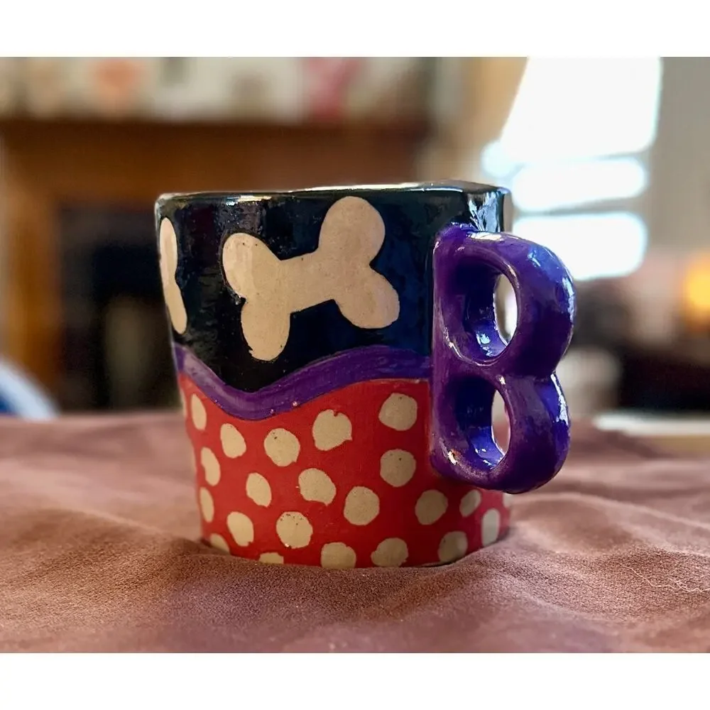 Hand Painted Pottery Stoneware Mug Cup Dog Bone & Polka Dot Signed MMB By Artist